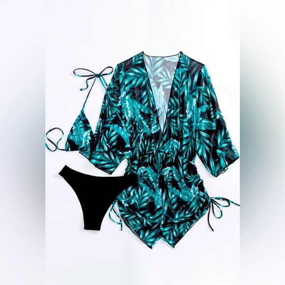 WOMANS THREE PIECE SWIM SUIT AND COVER GREEN AND BLACK - Picture 2 of 5